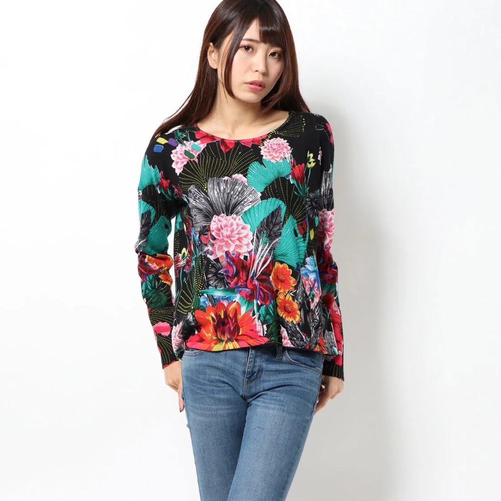 Desigual Black Floral Scoop Neck Sweater with Multicolor Print